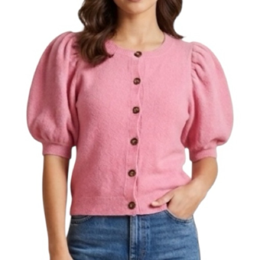Fate Pink Puff Sleeve Cardigan Sweater Medium Button Front Wool Blend Coquette